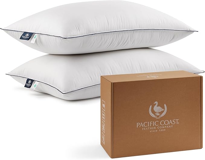 Pacific Coast Pillows Queen Size Set of 2, Goose Feather and Down Pillow for Sleeping, 3-Chamber Hotel Pillow for Side Sleepers and Back Sleepers