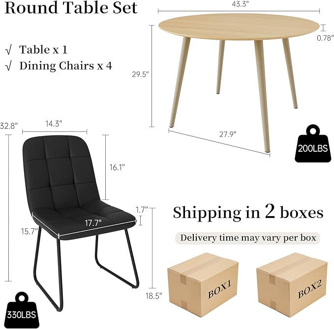 43.3 Inch Round Dining Table Set for 4, Modern Small Kitchen Coffee Set for Dining Room Kitchen Apartment (Cream Table+4 U-Shaped BlackChairs)