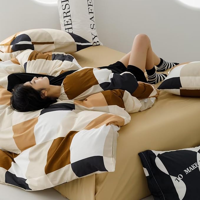 Luxlovery Beige Brown Plaid Comforter Set Full Patchwork Bedding Comforter Grid Checkered Blanket Quilts Soft Breathable Modern Buffalo Abstract Men Women Comforter