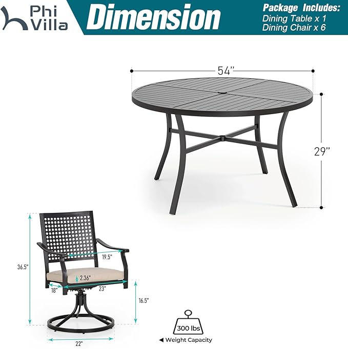 PHI VILLA 7 Pieces Outdoor Round Dining Set for 6, Large Wrought Iron Dining Table with Umbrella Hole & Swivel Metal Chairs with Cushions, Dining Furniture Set for Patio, Deck, Yard, Porch