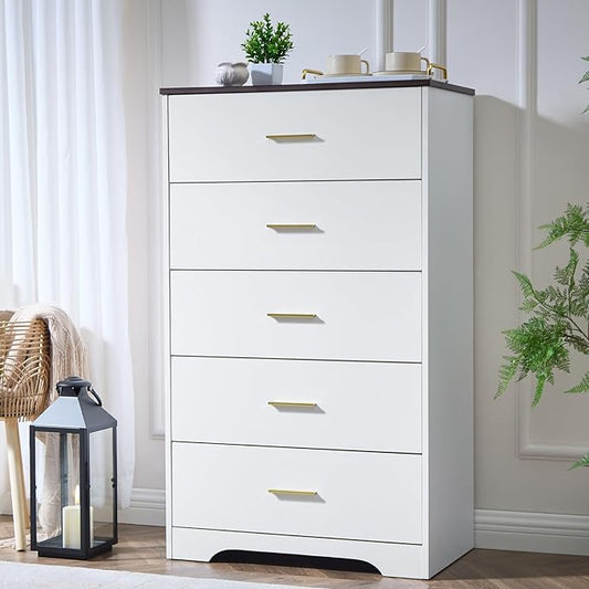 LIDYUK White Dresser for Bedroom, 5 Drawer Dressers & Chests of Drawers, Modern Wood Dresser, 47 Inches Tall Chest of Drawers for Bedroom, Hallway, Living Room