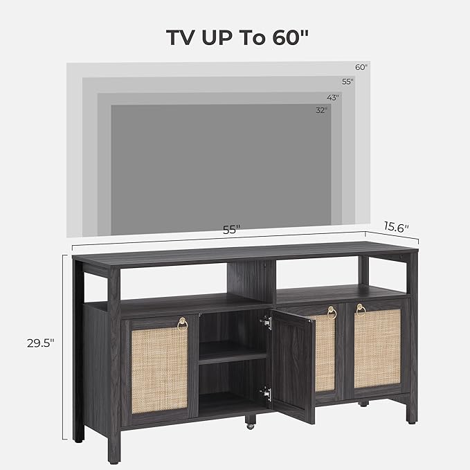 SICOTAS Rattan TV Stand for Television up to 65 Inch - 29.5" Tall Entertainment Center with Storage and Open Shelves,Boho Credenza TV Console Cabinet with 4-Doors and Adjustable Shelf for Living Room