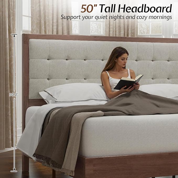 Jocisland Wood Queen Size Bed Frame,Tall Upholstered Tufted Headboard, Solid Wood Platform, No Box Spring Needed, Walnut