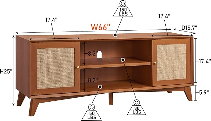 OKD TV Stand for 75+ Inch TV, Mid Century Modern Entertainment Center with Natural Rattan Door, Storage Shelves, Large Boho Media TV Console, Long Television Stand for Living Room, Cherry
