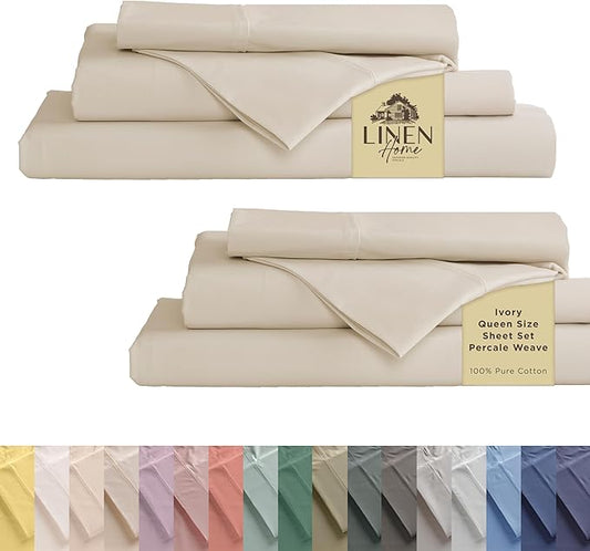 Linen Home 100% Cotton Percale Sheet Set Pack of 2, Queen Size, Ivory, Deep Pocket, 8 Pieces Set - 2 Flat, 2 Deep Pocket Fitted Sheet and 4 Pillowcases, Crisp Cool and Strong Bed Linen