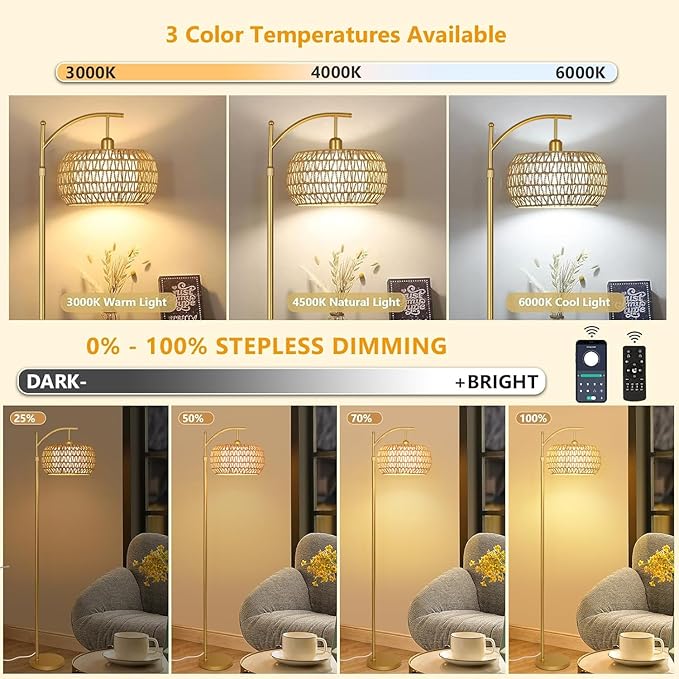 Gold Floor Lamp for Living Room with 3 Color Temperatures,Arc Boho Floor Lamps with Remote Control, Rattan Standing Lamp with Wicker Lamp Shades Dimmable Tall Floor Lamp For Bedroom Living Room Corner