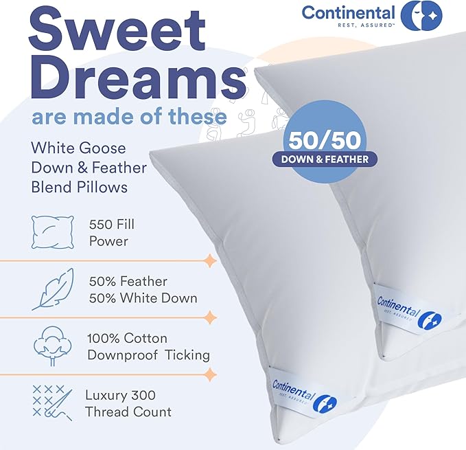 Continental Bedding Luxury Feather Goose Down Pillow Standard Size Pack of 1 - Family Made in New York - Bed Pillows for Sleeping for Side Sleepers - 50/50 Comfort and Support