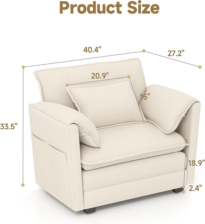 Real Relax 40.4'' Modular Sectional Sofa, Single Seat Corduroy Convertible Couch with 2 Pillows and 2 Armrest Pillows for Living Room, Office and Leisure Places, Beige