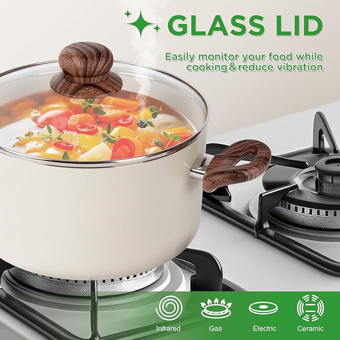 23 Pcs Pots and Pans Set Nonstick, Kitchen Cookware Sets, with Frying Pan, Saucepan, Saute Pan, Lightweight Cooking Set with Stay-Cool Wood Print Handles, NO PFAS and PFOA, Dark Wood