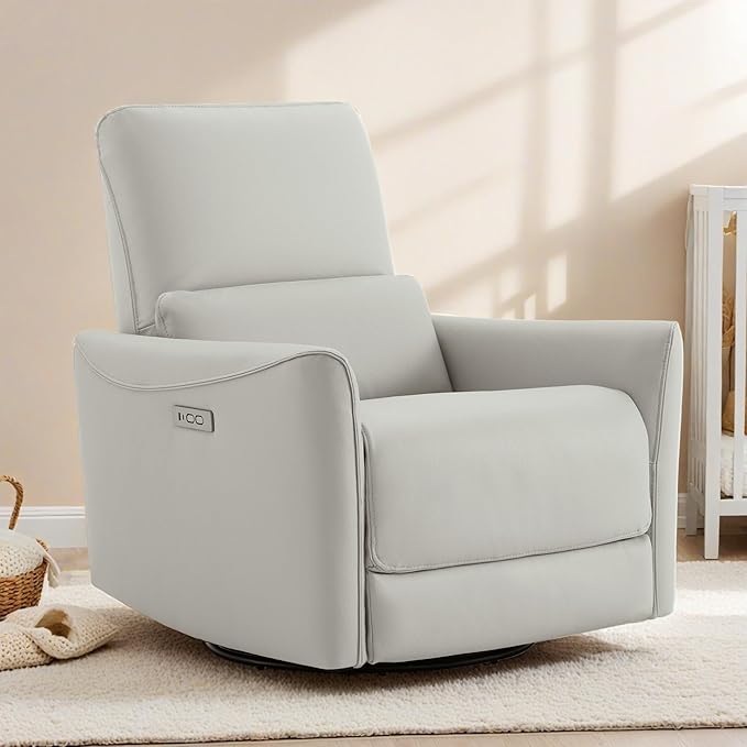 CHITA Power Recliner Chair Swivel Glider, FSC Certified Upholstered Faux Leather Living Room Nursery Reclining Sofa Chair with Lumbar Support, Cream