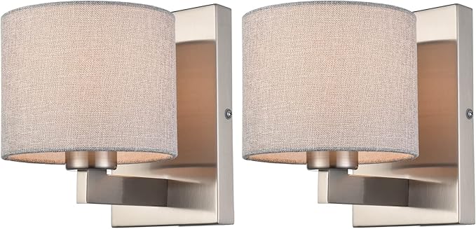 SAMTEEN Brushed Nickel Wall Sconces Set of Two Modern Fabric Shade Wall Lamp Drum Wall Sconce for Bedroom Hallway Living Room Bathroom