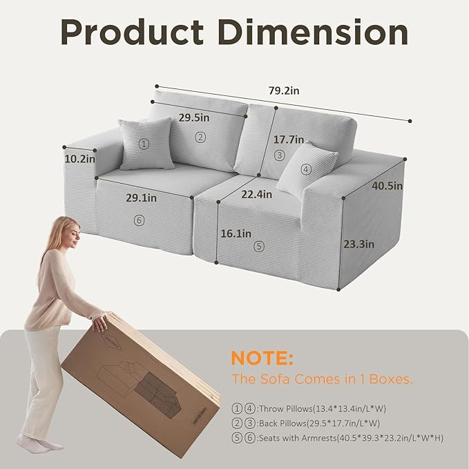 INGEROOM 79" Cloud Couch, Loveseat Sofa with Deep Seat, Modern Plush Corduroy Small Couch for Living Room Bedroom（Gray）