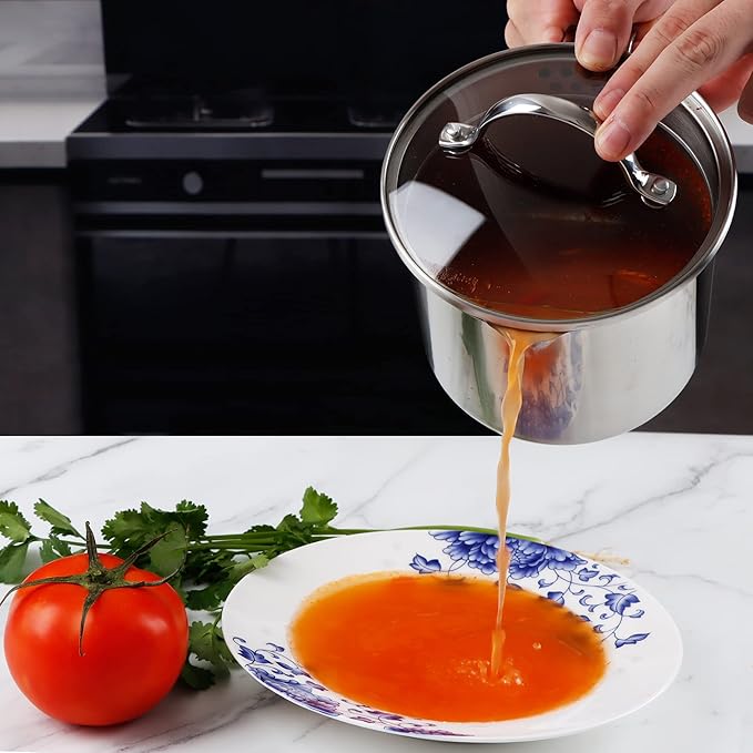 Stainless Steel Saucepan with Glass Lid, Multipurpose 1.5 Quart Sauce pan Sauce Pot with Straining Cover & Pour Spouts for Boiling Milk, Sauce, Gravies, Pasta, Noodles