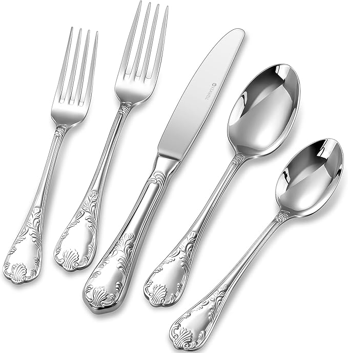 KEAWELL Premium  Regalia 20-Piece 18/10  Stainless Steel Flatware Set – European Classical Luxury Silverware Set, Dishwasher Safe for Everyday Meals and Formal Entertaining (20, Silver)