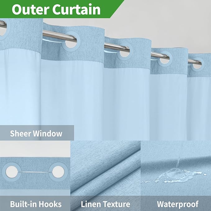 Stall No Hooks Needed Linen Textured Shower Curtain with Snap-in Fabric Liner Set,Hotel Luxury Decor Farmhouse Shower Curtains for Bathroom,Waterproof & Washable,54Wx80H,Fog Blue