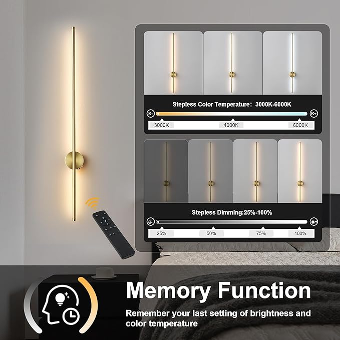 Battery Operated Modern Wall Sconces, Dimmable Wireless Wall Light Set of Two with Remote Control, 3 Color Temperatures, Rechargeable LED Wall Sconce for Bedroom, Living Room, Hallway, 39.3 Inch Brass