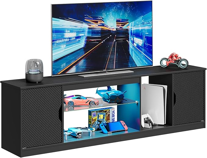 Bestier LED TV Stand for 65/75/80 inch TV, Gaming Entertainment Center with Adjustable Glass Shelf & Storage Cabinet for PS5 Xbox, Modern TV Console Table for Living Room Bedroom, Black Carbon Fiber