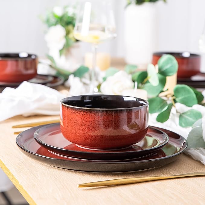 LERATIO Ceramic Dinnerware Sets for 8,Plates and Bowls Sets,Handmade Reactive Glaze Dishes Set,Highly Chip and Crack Resistant | Dishwasher & Microwave & Oven Safe Dishes set,Service for 8-Red(24pc)