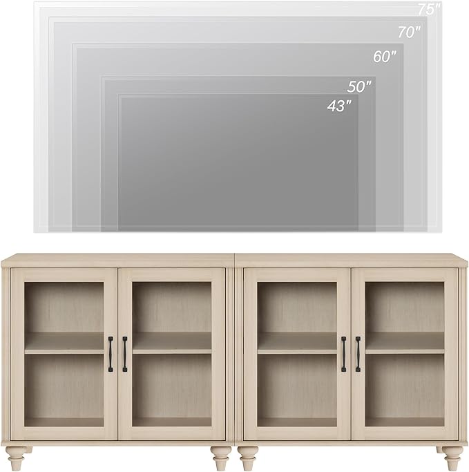 WAMPAT Farmhouse TV Stand for 75 inch TV with 4 Glass Doors, Wood Universal TV Stand with 4 Storage Cabinets, Beige Entertainment Center TV Console Table for Living Room, Bedroom