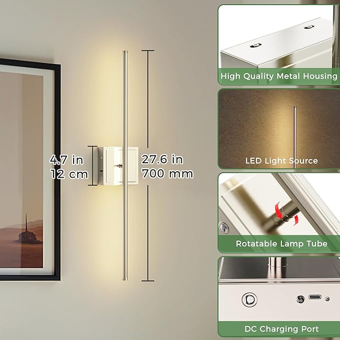DORESshop Battery Operated Wall Sconces Set of Two with Remote Control, Rechargeable Wall Sconce, 350°Rotate Dimmable Wireless Wall Sconce for Living Room, Hallway, Bedroom, 28.1 Inch, Nickel(2 Pack)