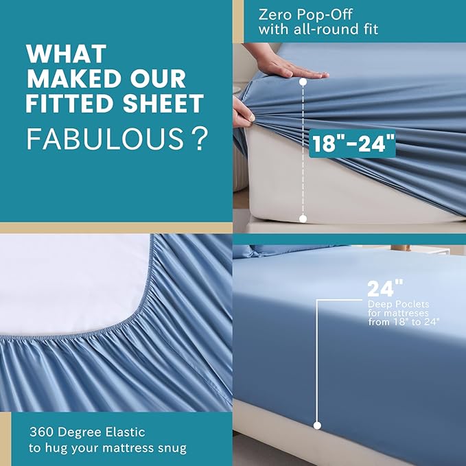 Bedlifes King Sheet Set, Extra Deep Pocket 18-24 Inches,1000Thread Count 100% Egyptian Cotton, Soft and Breathable Sateen 4-Piece,Mineral Blue