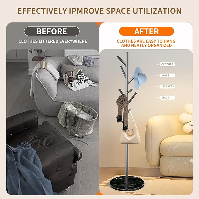 Metal Modern Coat Rack Stand, Sturdy Freestanding Coat Rack with Natural Marble Base, Black Coat Racks and Coat Hall Tree Hanger Stand for Entryway, Hallway, Office (Black Marble base)