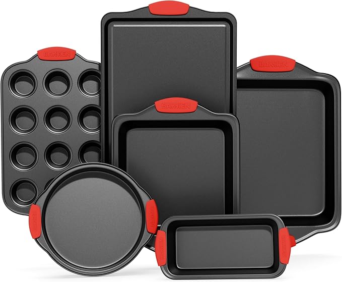 Baking Set – 6 Piece Kitchen Oven Bakeware Set – Deluxe Non-Stick Black Coating Inside and Outside – Carbon Steel – Red Silicone Handles – PFOA PFOS and PTFE Free by Bakken