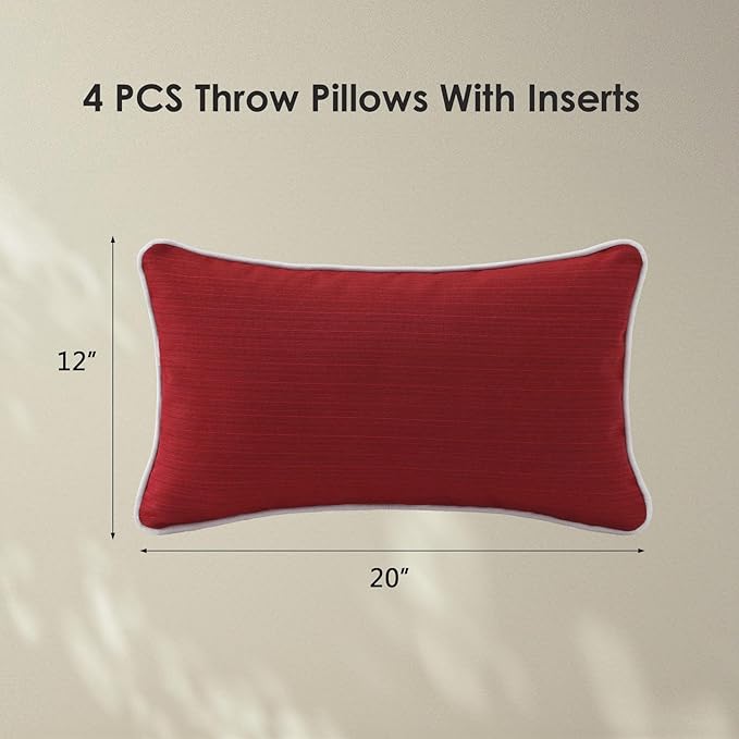 Decorative Outdoor Water Repellent Throw Pillows with Inserts, Set of 4, 20" x12" Pillows for Patio, Backyard, Bed, Couch, and Patio Furniture, Red