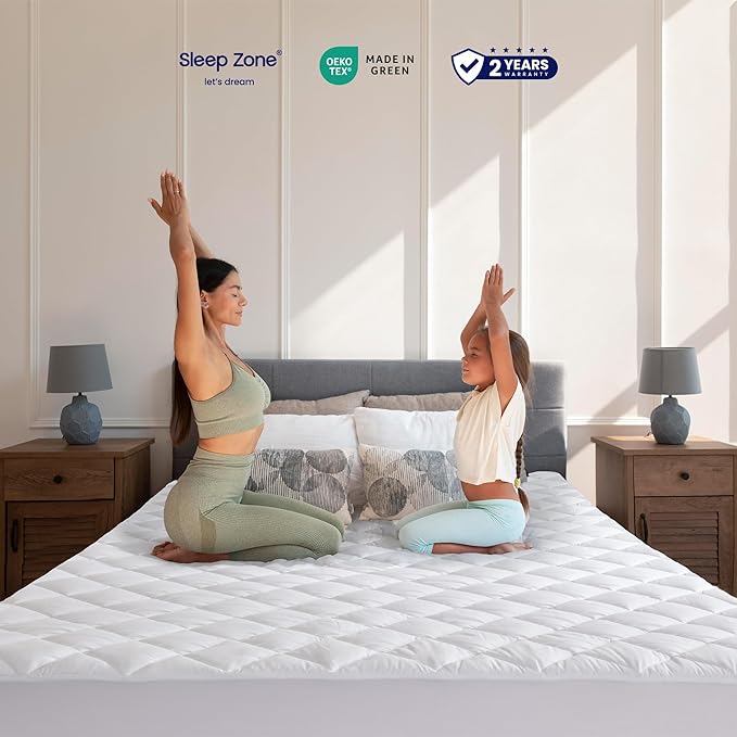 SLEEP ZONE Twin Mattress Protector, Quilted Fitted Mattress Pad, Deep Pocket Mattress Cover Stretches up to 21 inches, Fluffy Pillow Mattress Topper (White, 39x75)