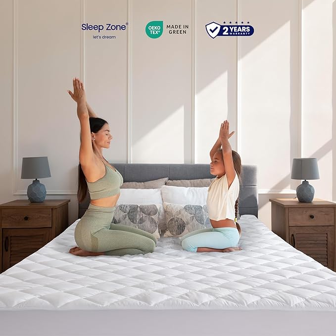 SLEEP ZONE Mattress Cover Queen Size Bed, Quilted Fitted Mattress Pad, Deep Pocket Mattress Protector Stretches up to 21 inches, Pillowtop Breathable Mattress Topper (White, 60x80)
