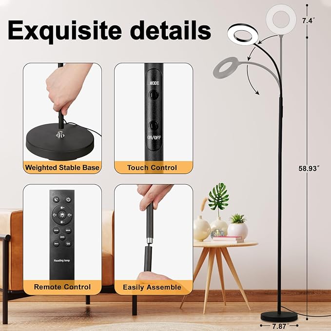 Floor Lamp, LED Reading Light, Bright Modern Tall Lamps, 3 Color Temperatures & Adjustable Brightness Gooseneck Standing Lamp with Remote & Touch Control for Living Room, Bedroom, Office