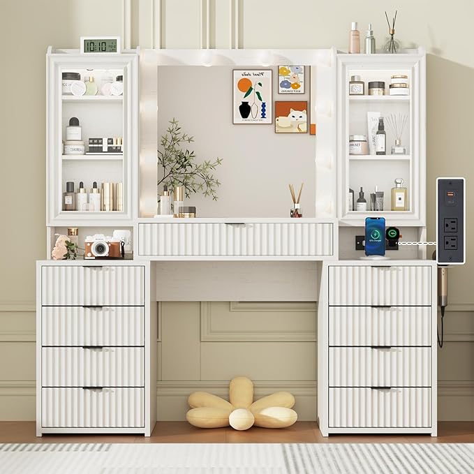 55" Fluted Makeup Vanity Desk with Large Mirror and Lights, Modern Glass Top Big Vanity Table with 9 Drawers & Open Storage Shelves, Dressing Table w/Charging Station for Bedroom, White