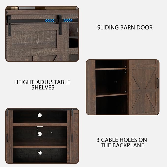 66" Farmhouse TV Stand for 75 Inch TV, 33" Tall Entertainment Center with Power Outlets & Sliding Barn Door, Wood TV Stands with Storage, TV Media Console for Living Room, Brown