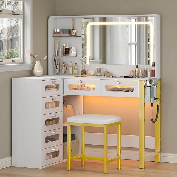 Vanity Desk with Mirror and Lights, 43" Big Modern Vanity Desk, Transparent Top Vanity with 2 RGB Drawers, with Power Outlet & Stool, Modern Ample Storage Dressing Table, White