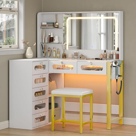 Vanity Desk with Mirror and Lights, 43" Big Modern Vanity Desk, Transparent Top Vanity with 2 RGB Drawers, with Power Outlet & Stool, Modern Ample Storage Dressing Table, White