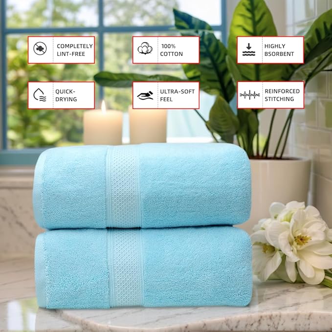 Super Absorbent Quick Drying | Hotel Grade Extra Large Bath Towels, 2-Piece Set, Bathroom Luxury Soft Towels-650GSM Cotton Luxury Beach Bath Towel 80x160cm (31.5x63 inches)(Sky Blue)