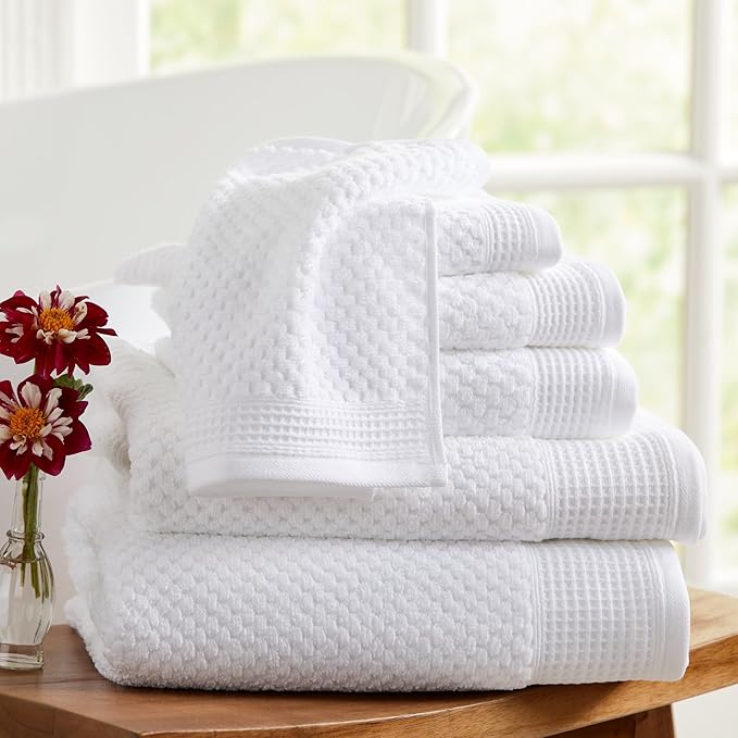 Market & Place 100% Cotton Waffle Textured 6 Piece Set | Super Soft Quick Dry Bath Towels | Decorative for Bathroom | 2 Bath, 2 Hand, 2 Washcloths | Belle Collection (White)