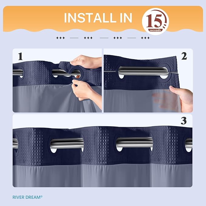 River Dream Heavyweight No Hooks Required Dotted Waffle Weave Shower Curtain with Snap in Liner -Extra Long 71W x 86H,Hotel Grade,Spa Like Bath Curtain,Navy