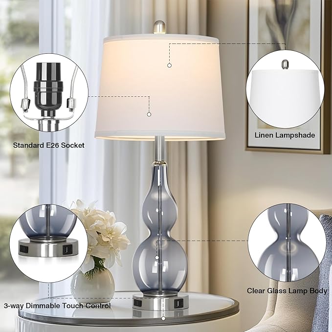 27.5" Gray Clear Glass Table Lamp Set of 2,3-Way Dimmable Touch Control Bedside Lamps with USB Ports and AC Outlet, Modern Nightstand Lamps for Bedroom Living Room
