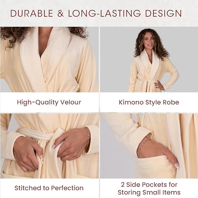 Be Relax Terry Velour Robe - Made of Polyester, Shawl Collar Robe with Belt & Side Pockets, Soft & Warm Bathrobe for Women