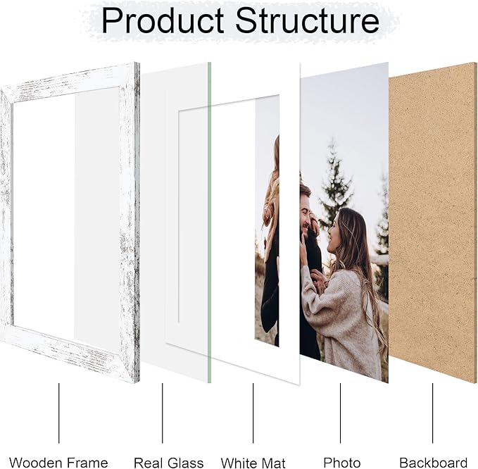 10x14 Picture Frame Set of 4, 10 x 14 Wood Photo Frames with Mat for 8x12 or 30x40cm Diamond Painting Art, Wooden Frame with Real Glass Cover for Wall and Tabletop Display,Distressed White