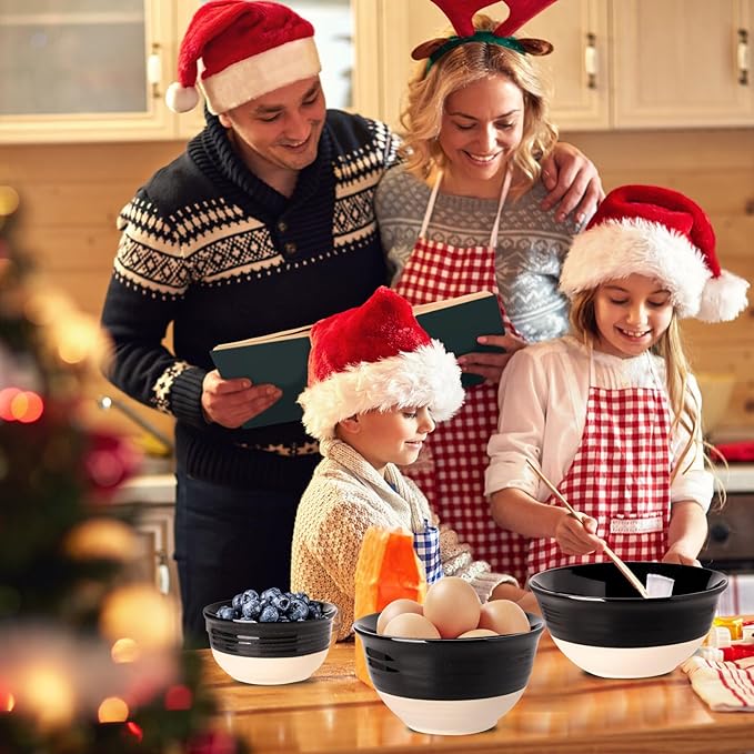 Hasense Porcelain Mixing Bowls for Kitchen, 84/40/20 Oz Large Salad Serving Bowls Set of 3, Unique Thanksgiving Bowls Set for Entertaining Cooking Baking Serving Food, Nesting Bowls, Black