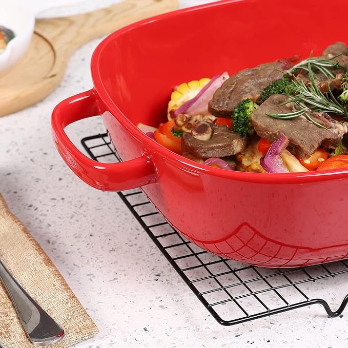 6 Quart Large Rectangular Baking Dish, 16x11 Inches Ceramic Baking Pan Casserole Dish for Cooking,Kitchen and Daily Use, Safe for Oven Microwave Refrigerator Disinfection Cabinet and Dishwasher,Red