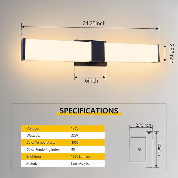 Kalium 24in Modern Wall Sconces, Dimmable Bathroom Vanity Lights, 3000K Warm White LED Indoor Sconces Lighting for Bathroom, Stairs, Living Room, Bedroom. Hardwired.