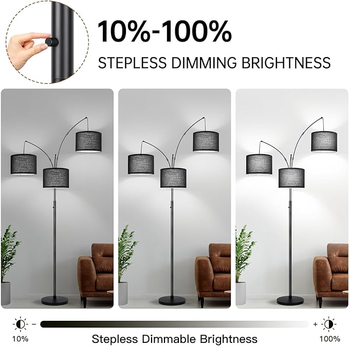 Dimmable Floor Lamp, 3 Lights Black Arc Floor Lamps for Living Room, Modern Tall Standing Tree Lamp with Black Shade & Heavy Base, Large Floor Lamp for Bedroom Office, 3x1000 LM LED Bulbs Included