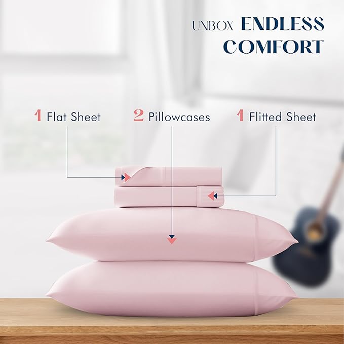 XOOX Linen Cotton Sheets Queen Size Set - 100% Cotton 500 Thread Count Queen Sheet Set (4 PC, Blush), Soft, Cooling, Sateen Weave, Luxury Hotel Quality Deep Pocket Bed Sheet for Hot Sleepers