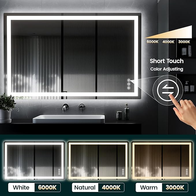 30"x 48" LED Mirror for Bathroom with Frontlit and Backlit, Anti-Fog, 3 Colors Temperature & Dimmable, Wall Mounted Bathroom Mirror