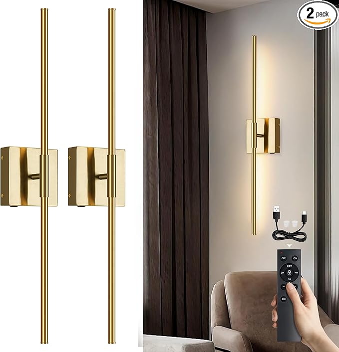 Battery Operated Wall Sconces Set of 2, Battery Wall Sconce with Remote Control,350°Rotate, LED Rechargeable Sconces,3000K-6000K Wireless Wall Light for Bedroom, Living Room, Hallway (Gold,28Inch)