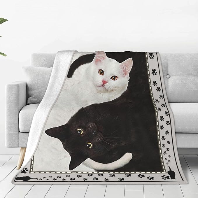 Cat Blanket Black and White Throw Blanket Soft Fleece Flannel Bedding Cats Gifts for Men Boys Women Girls Lovers Adults Stuff Plush for Couch Sofa Bed Room Decor 60"X80"