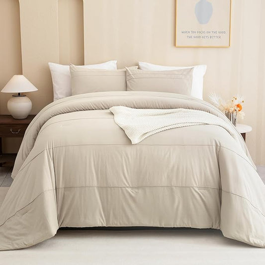 Sanracie Oversized King Comforter 128 * 120, Cotton Comforter King Size Extra Large Pinch Pleat Stripe Pattern,Solid Color Wheat Bedding Comforter Set Linen Feel Textured 3pcs Soft Neutral Bedding